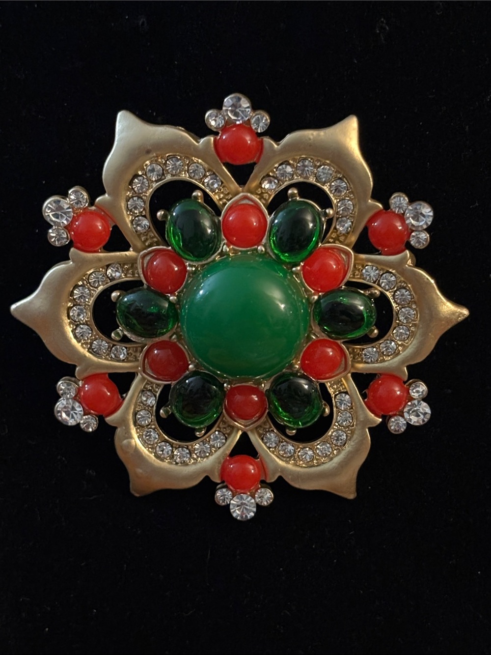Gold-Tone Brooch with Green and Red Stones
